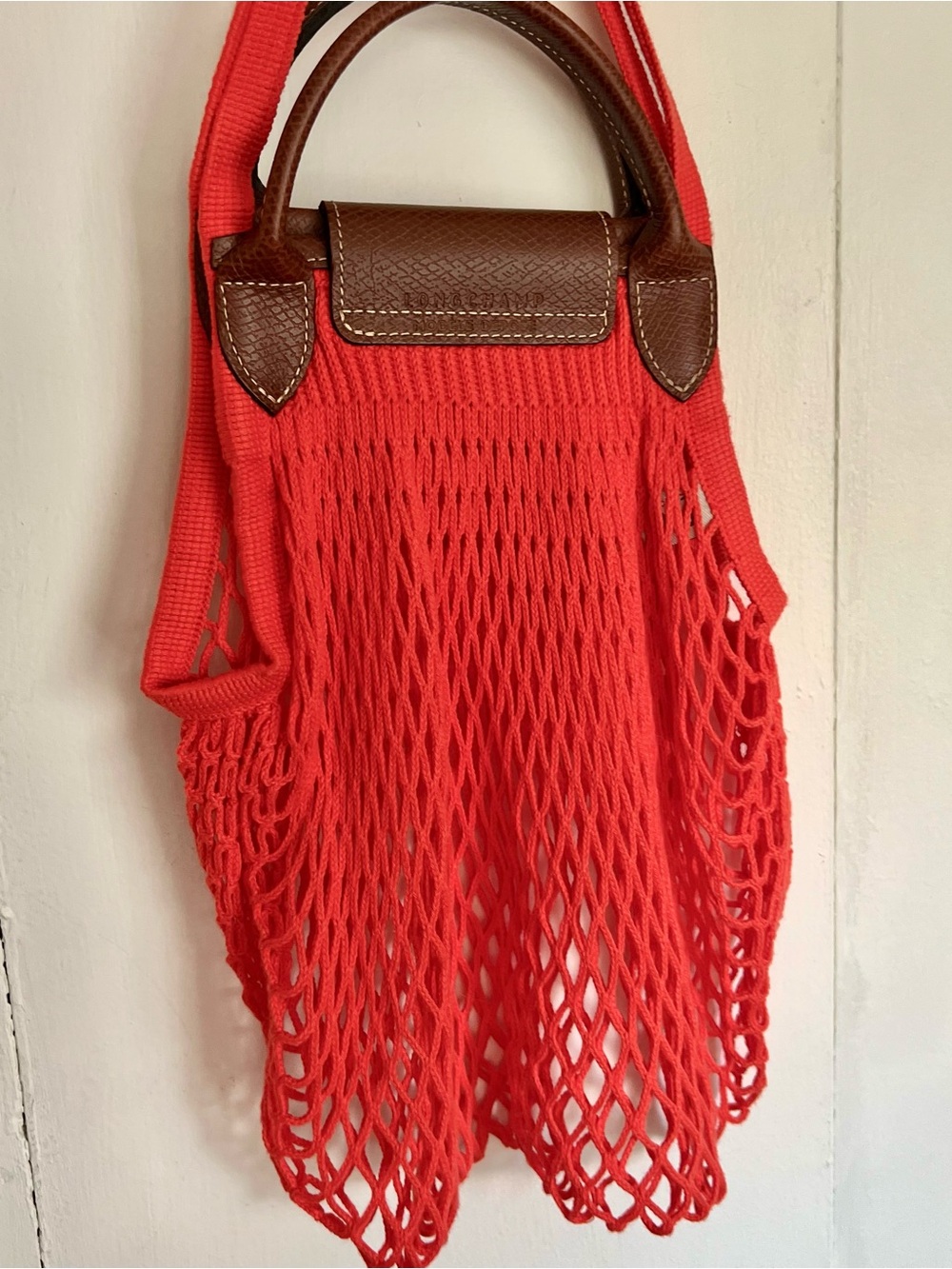 Longchamp Le Pliage Large Filet Filt Mesh Net Shoulder Sac Bag Orange Red - Picture 5 of 6